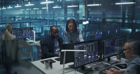 Developers Working on Computers in Data Center Office Stock Footage 296174233