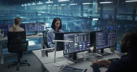 Developers Working on Computers in Data Center Office Stock Footage 296174254