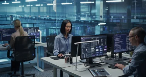 Developers Working on Computers in Data Center Office Stock Footage 296174423
