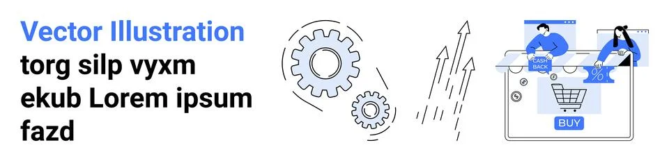 Developers working on an e-commerce website with gears and arrows representin Stock Illustration