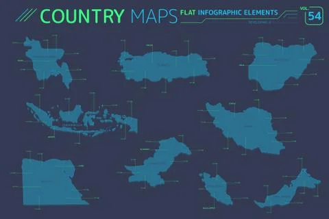 Developing-8, Indonesia, Iran, Egypt, Nigeria, Malaysia, Pakistan, Turkey Maps Stock Illustration