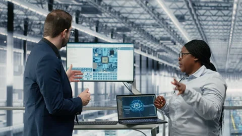 Developing advanced electronics, AI deep learning tech and employees Stock Footage 333386558