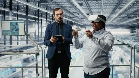 Developing advanced electronics, VR glasses gear and microchip factory managers Stock Footage 333381914