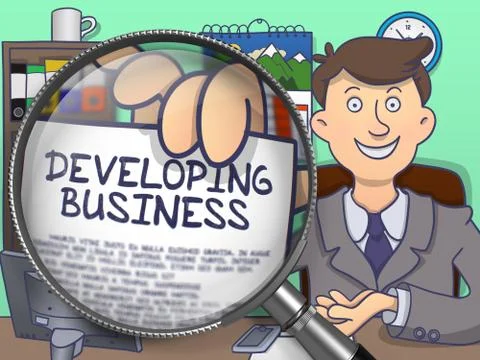 Developing Business through Magnifying Glass. Doodle Design Illustrazione stock