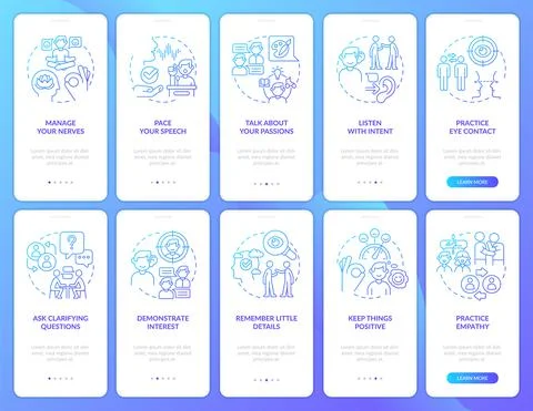 Developing charisma blue gradient onboarding mobile app screen set イラスト素材