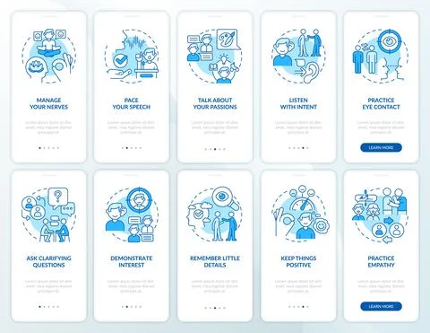 Developing charisma blue onboarding mobile app screen set イラスト素材