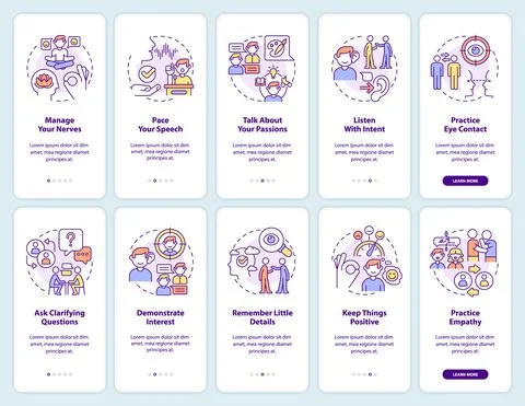 Developing charisma onboarding mobile app screen set Stock Illustration
