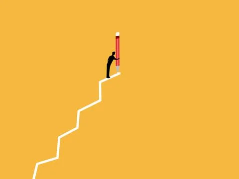 Developing creativity, businessman holds a pencil and draws a ladder leadin.. Illustrazione stock