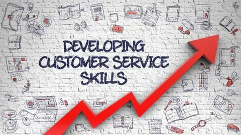 Developing Customer Service Skills on White Brick Wall. 3d Stock Illustration