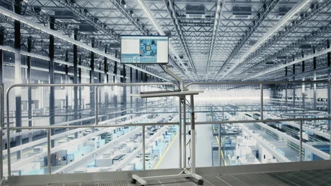 Developing electronics, simulation software on display and empty microchip plant 库存影片 333379055