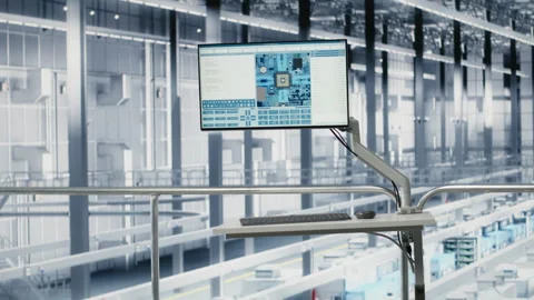 Developing electronics, simulation software on display and empty microchip plant Stock Footage 333383108