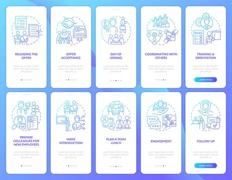 Developing employee integration blue gradient onboarding mobile app screen set イラスト素材