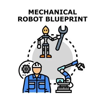 Developing mechanical robot blueprint for automation engineering Stockillustratie