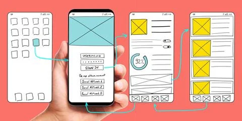 Developing mobile app UI UI development. Male hand holding smartphone with... Stock Photos