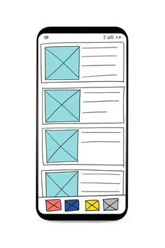 Developing mobile app UI UI development. Isolated smartphone with wirefram... Foto stock