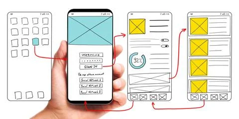 Developing mobile app UI UI development. Male hand holding smartphone with... Stock Photos