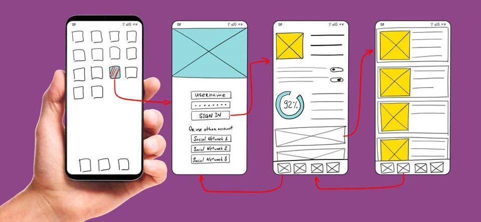 Developing mobile app UI UI development. Male hand holding smartphone with... 写真素材