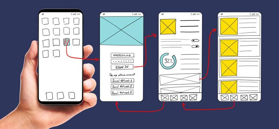 Developing mobile app UI UI development. Male hand holding smartphone with... Stock Photos