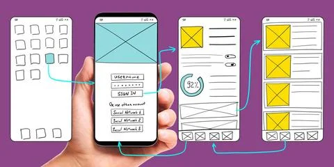 Developing mobile app UI UI development. Male hand holding smartphone with... Stock Photos