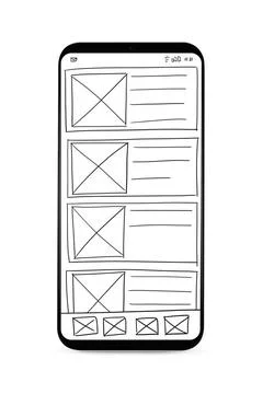 Developing mobile app UI UI development. Isolated smartphone with wirefram... Foto stock