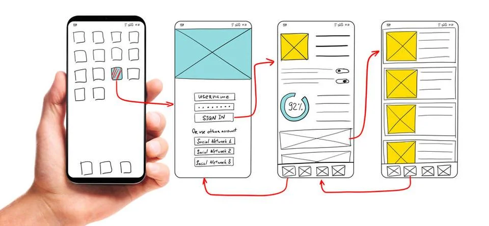 Developing mobile app UI UI development. Male hand holding smartphone with... Stock Photos
