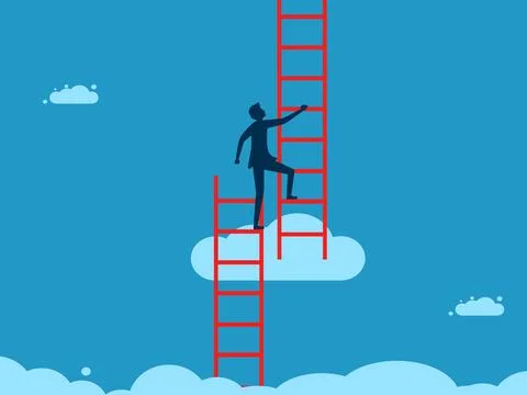 Developing a new career path. Businessman climbs the stairs to change directi Illustrazione stock