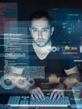 Developing new code. Cropped shot of a young computer programmer looking thro Stock Photos