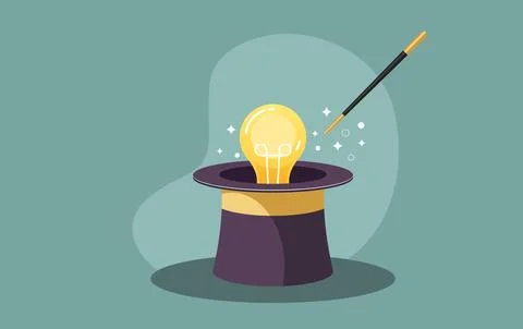 Developing New Ideas - Lightbulb Coming out of Magician's Hat - Stock Illus.. Stock Illustration