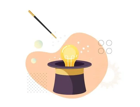 Developing New Ideas - Lightbulb Coming out of Magician's Hat - Stock Illus.. Stock Illustration