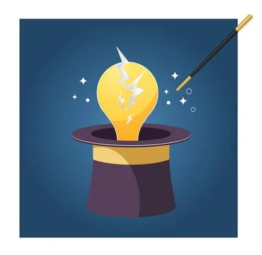Developing New Ideas - Lightbulb Coming out of Magician's Hat - Stock Illus.. Stock Illustration