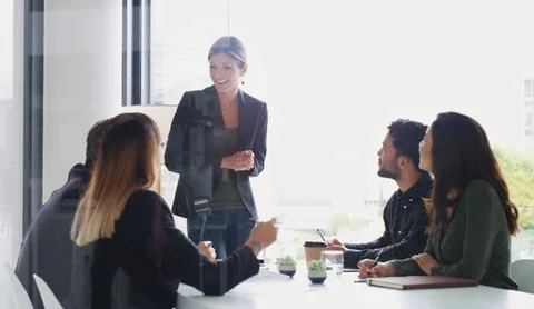 Developing new plans with her team. a young businesswoman giving a presentation Stock Photos
