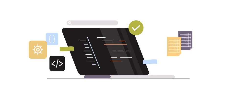 Developing new software on laptop and freelance developer programming. Stock Illustration