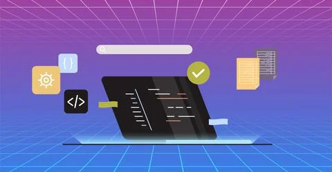 Developing new software on laptop and freelance developer programming. Stockillustratie