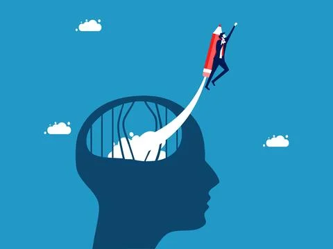 Developing out of the original framework. Businessman flying with pencil from Illustrazione stock