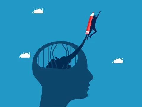 Developing out of the original framework. man flying with pencil from human h Illustrazione stock