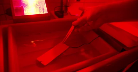 Developing photographic test strip in darkroom to determine correct exposure 스톡 동영상 328539370