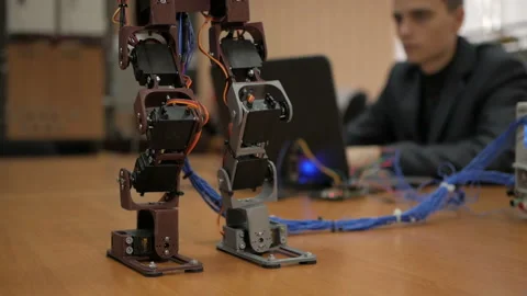 Developing a robot for young scientists. The legs of the robot. Robo technology. Stock-Footage 98754197