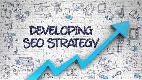 Developing SEO Strategy Drawn on White Brickwall. 3d. Illustrazione stock
