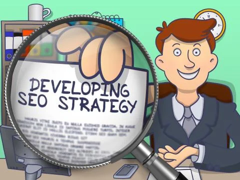 Developing SEO Strategy through Magnifying Glass. Doodle Design Illustrazione stock