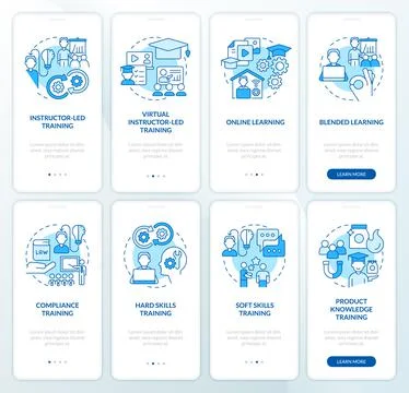 Developing training programs blue onboarding mobile app screen set イラスト素材