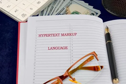 Developing a website structure with hypertext markup language on a computer w Stock Photos