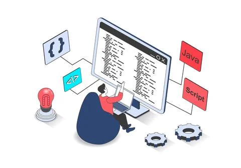 Development 3d isometric concept with isometry people design for web. Man w.. イラスト素材