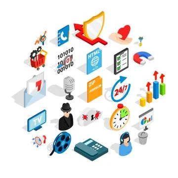 Development of ad icons set, isometric style Stock Illustration