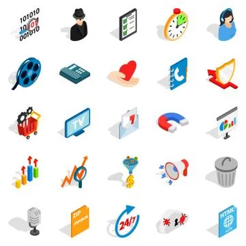 Development of ad icons set, isometric style Stock Illustration