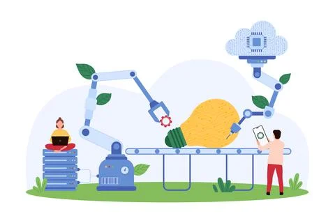 Development and improvement of digital project, tiny people and robots assemble Illustrazione stock