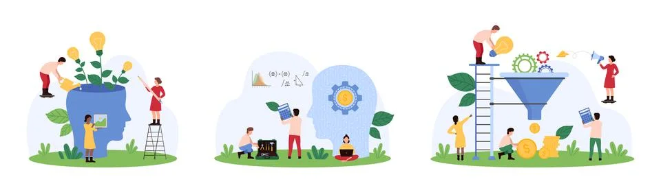 Development and monetization of creative ideas by tiny people, machine learning Stock Illustration