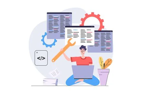 Development and programming concept in modern flat design for web. Programmer Stock Illustration