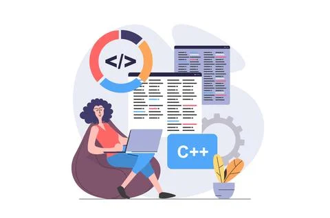 Development and programming concept in modern flat design for web. Woman deve Stock Illustration