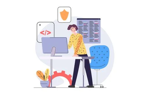 Development and programming concept in modern flat design for web. Man develo Stock Illustration
