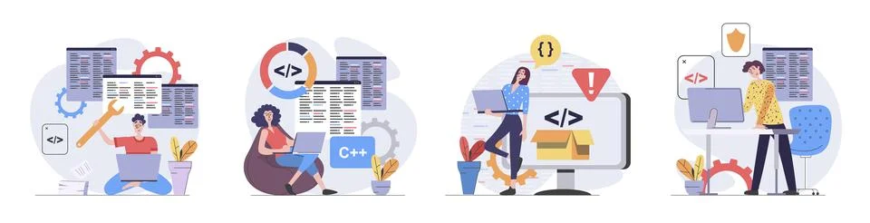 Development and programming concept with people scenes set in flat web design Stock Illustration